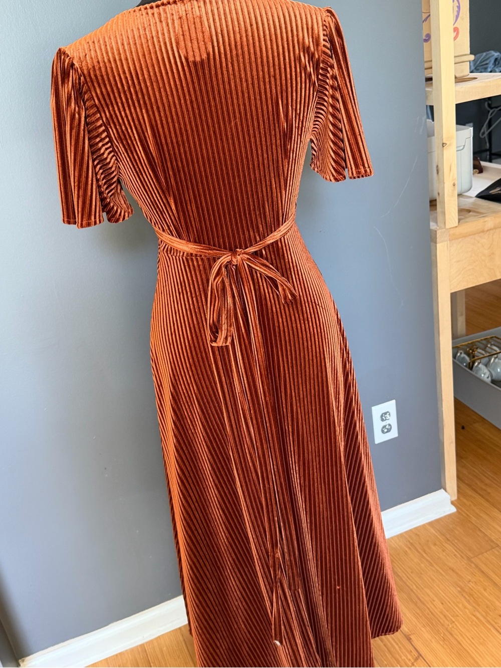 Simple Rust Velvet Maxi Wrap Dress - Picture 7 of 11